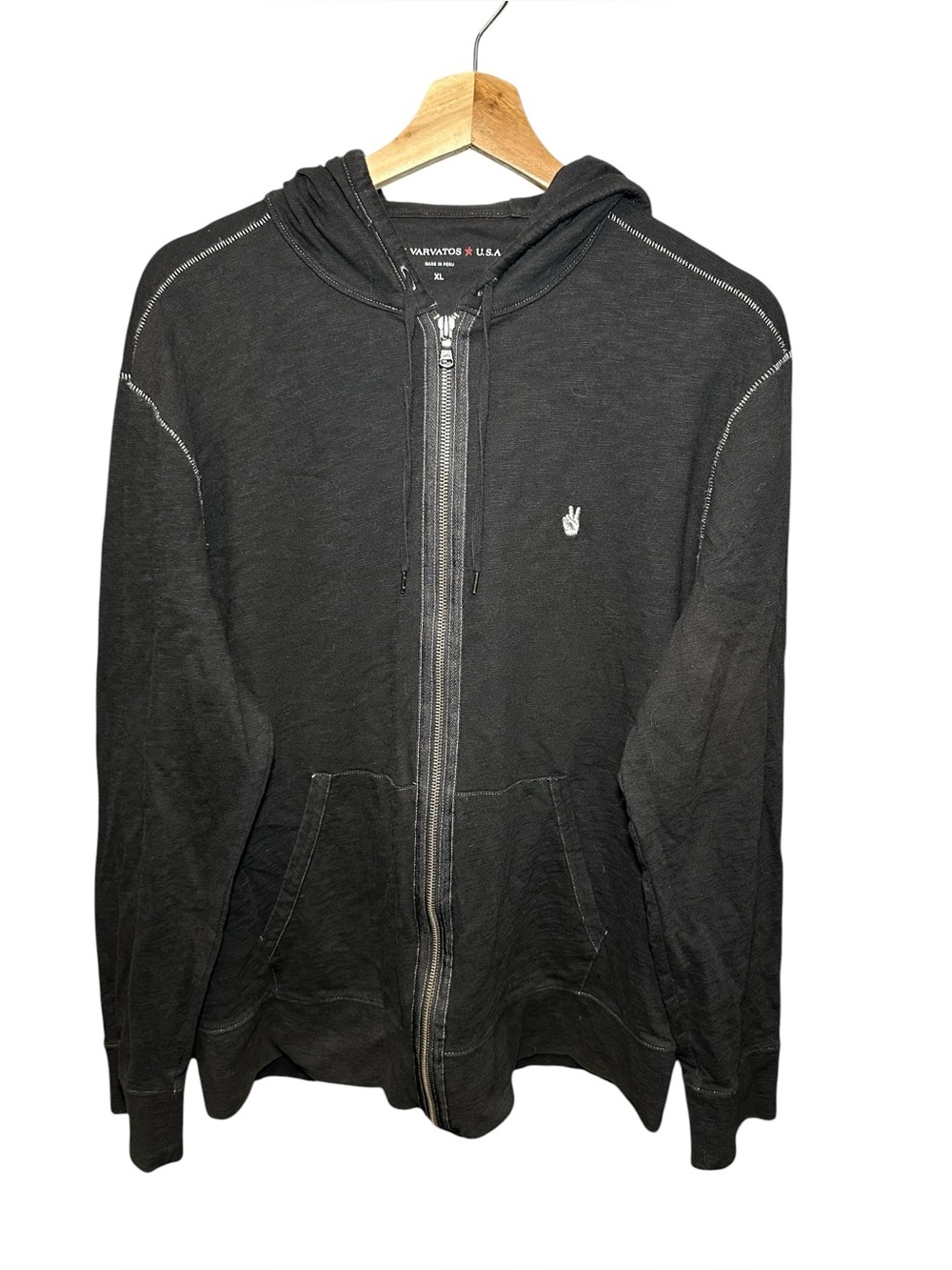 John Varvatos Mens Full Zip Hoodie Black Peace Sign Cotton Sweatshirt Large